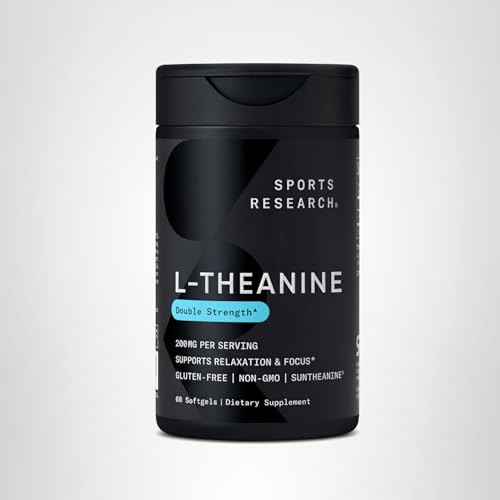 Sports Research Double Strength L-Theanine Supplement - Suntheanine Softgels for Focus, Relaxation & Alertness - Non-Drowsy Support Made with Coconut Oil, Non-GMO & Gluten Free - 200mg, 60 Count