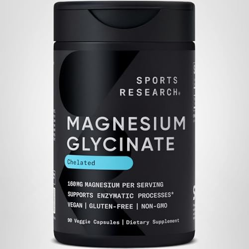 Sports Research® Magnesium Glycinate - Supports Restful Sleep & Enzymatic Processes - 160 mg Chelated Magnesium - Vegan Capsule - 90 Count