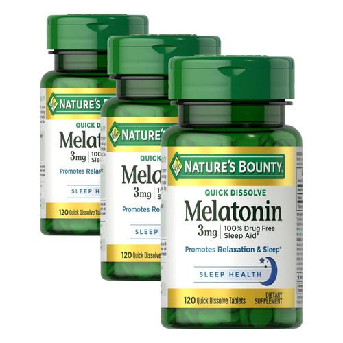 Nature's Bounty Melatonin, Promotes Relaxation & Sleep, 100% Drug Free Sleep Aid, 3 mg, 120 Quick Dissolve Tablets (Pack of 3)