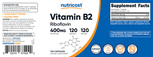 Nutricost Vitamin B2 (Riboflavin) 400mg, 120 Capsules (3 Bottles)