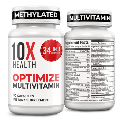 10X Health Optimize Methylated Multivitamin for Men - 90 Capsules, 34 in 1 Formula with 800 mcg of Vitamin B12, 5-MTHF, NAC - Methyl B Complex