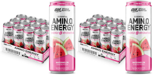 Optimum Nutrition Amino Energy Sparkling Hydration Drink, Electrolytes, Caffeine, Amino Acids, BCAAs, Sugar Free, Watermelon, 12 Fl Oz, (Packaging May Vary),12 Count (Pack of 2)