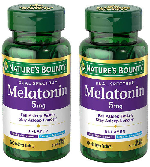 Nature's Bounty Melatonin 5mg Dual Spectrum, 100% Drug Free Sleep Supplement, Quick Release and Extended Release, Promotes Relaxation and Sleep Health, 60 Bi-Layer Tablets (Pack of 2)