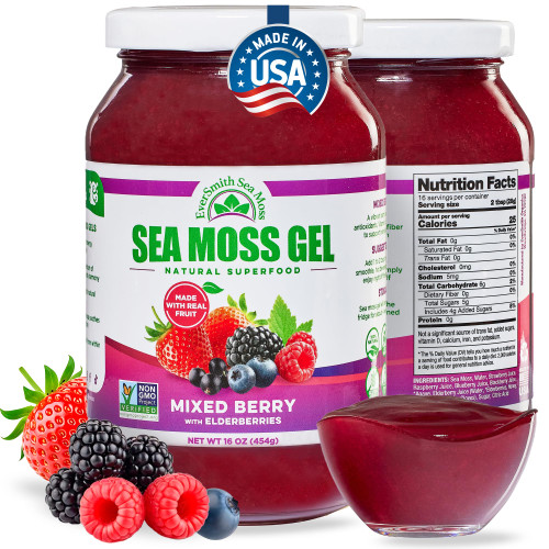 EverSmith Organics - Wildcrafted Irish Sea Moss Gel | Made in USA | Rich in Vitamins & Minerals | Sea Moss Gel Raw | Nutritional Supplement | Mixed Berry (16 oz)