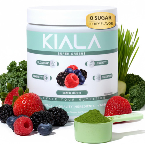 Kiala Nutrition Super Greens, Organic Greens Powder with Spirulina & Chlorella for Digestion, Gut Health, Immunity, Adaptogens, Energy, Gluten Free, Vegan, Sugar Free, Mixed Berry, 30 Servings