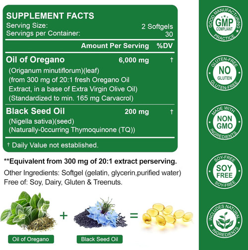 Nature's live Oil of Oregano with Black Seed Oil, 2 in 1 Oregano Supplement for Immune Health, Retains High Concentrated Carvacrol & Thymoquinone, Non-GMO, 60 Softgels, 1 Pack