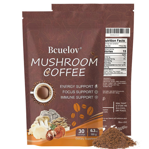 2 Bag Mushroom Coffee, Instant Coffee with 6 Adaptogenic Mushrooms (Lion’s Mane, Cordyceps, Shiitake, Turkey Tail) for Better Energy, Focus, Digestion & Immune Support