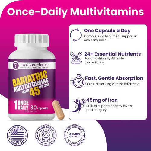 ProCare Health Bariatric Multivitamin with 45mg Iron (30 Easy to Swallow Capsules) - Once Daily Post-Op Support for Gastric Bypass & Sleeve with 1 Month Supply, No Artificial Colors, Gluten-Free