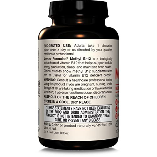 Jarrow Formulas Methyl Vitamin B12 5000 mcg - 60 Chewable Tablets, Naturally Fruit Flavored- Bioactive B12 Vitamin - Supports Cellular Energy Production, Brain Health & Metabolism - 60 Servings