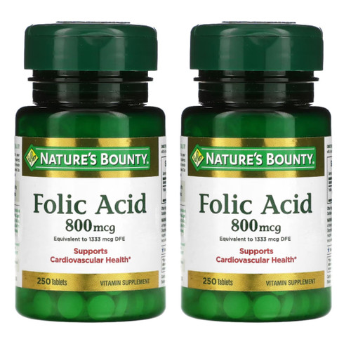 Nature's Bounty Folic Acid 800 mcg Vitamin Supplement Maximum Strength - 250 Tablets, Pack of 2
