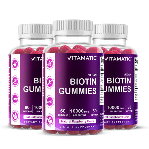 Vitamatic Biotin Gummies 10,000 mcg for Stronger Hair, Skin & Nails - 60 Vegan Gummies - Also Called Vitamin B7 (3 Bottles)