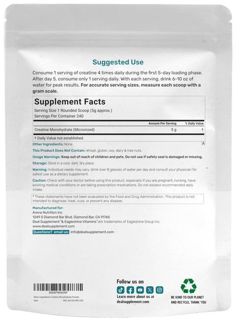 Instant Creatine Monohydrate Powder, 5g Per Serving – 240 Servings | Micronized, Unflavored, Fast Absorbing Formula | Supports Strength, Power, & High-Intensity Training* | Vegan, Keto, Non-GMO