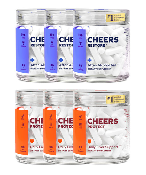 Cheers Liver Combo | Restore + Protect | Support Your Liver & Feel Better After Drinking | DHM, L-Cysteine, Milk Thistle, Prickly Pear, B-Vitamins | 36 Doses Restore, 90 Doses Protect | Supplements