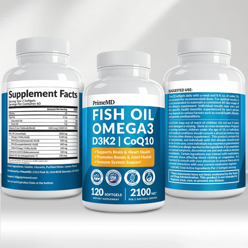 4-in-1 Fish Oil Omega 3 Fatty Supplements (2100mg) - Omega 3 Fish Oil with Vitamins D3 K2 and CoQ10 - Lemon Flavored (120 softgels)