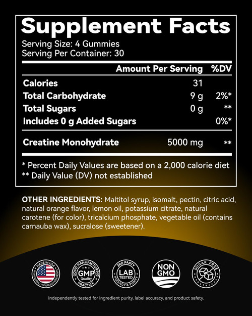 Inner Brightness Creatine Monohydrate Gummies for Men & Women 5000 mg, 3rd Party Tested, Creatine Chews for Muscle Growth, Strength & Energy Support, Sugar Free, Vegan, 120 Count, Orange Lemon