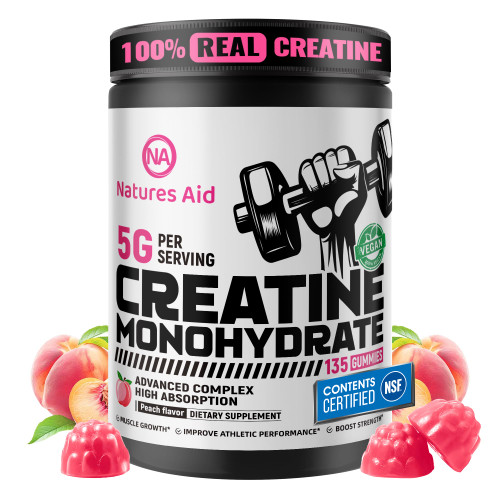 Natures Aid NSF Certified Creatine Gummy 5g - Creatine Monohydrate Gummies – Pre-Workout Energy & Muscle Growth Support for Men & Women | Peach Electrolyte Gummies (135 Count)