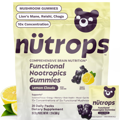 Nutrops Lions Mane Mushroom Gummies for adults, Functional Nootropics, Herbal Brain Supplement for Energy, Brain Health, Cognitive, Memory & Focus, Reishi, Chaga, Cordyceps, Coriolus, 28 daily Packs