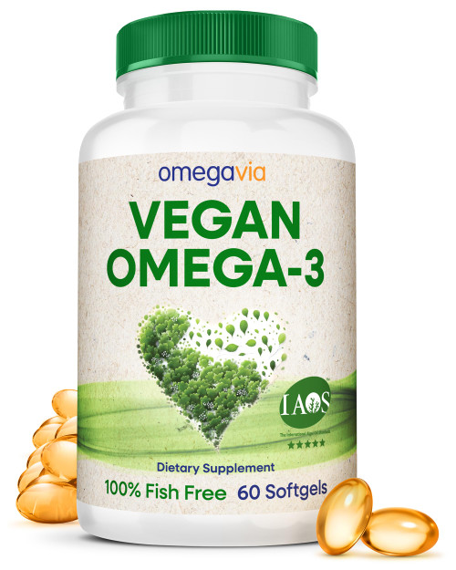 OmegaVia Vegan Omega 3 Supplement, Algae Omega 3 Fish Oil Alternative, 300mg Vegan DHA Fatty Acids, Plant Based, Planet and Ocean Friendly, IAOS 5 Star Tested, 60 Softgels
