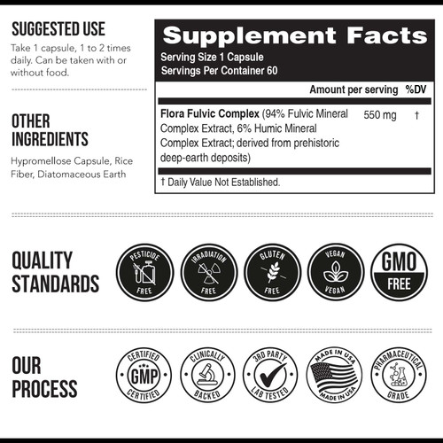 Flora Fulvic | Fulvic Acid + Humic Acid Complex – 550 mg |Mined in Utah, Prehistoric Deep Earth Extract | Immunity, Gut, Digestion – Natural Trace Mineral Complex, Fulvic Acid Supplement – 60 Capsules