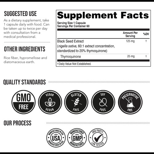 20% Thymoquinone Black Seed Oil Extract Capsules - TQ-Advanced 4X®: Potent Thymoquinone Concentration Available - 60:1 Concentrate from Nigella Sativa, Raw Form, Vegan, Glass Bottle (60 Capsules)