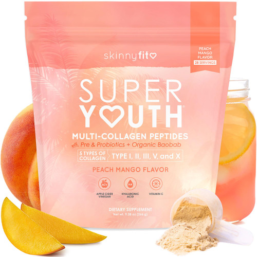 SkinnyFit - Super Youth Collagen for Women - Multi Collagen Peptides Powder - Probiotics, Fiber, Hyaluronic Acid - Non GMO, Gluten Free, Sugar Free - Beauty & Self Care - Peach Mango (28 Servings)