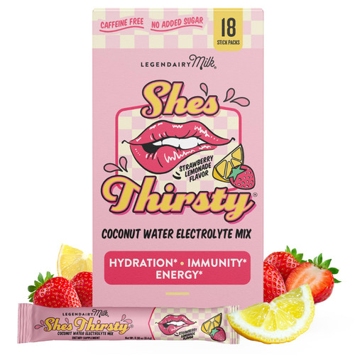 Legendairy Milk She’s Thirsty – Strawberry Lemonade, No Sugar Added Electrolytes Powder Packets–Coconut Water Mix for Women, Instant Hydration Packets, Immune Support, Pregnancy Safe, 18 Ct