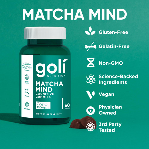 Goli Matcha Mind Gummies - 180 Count - Green Tea Leaves Powder with Cognizin for Focus, Attention and Brain Health, Vegan, Non-GMO, Gluten-Free & Gelatin Free.
