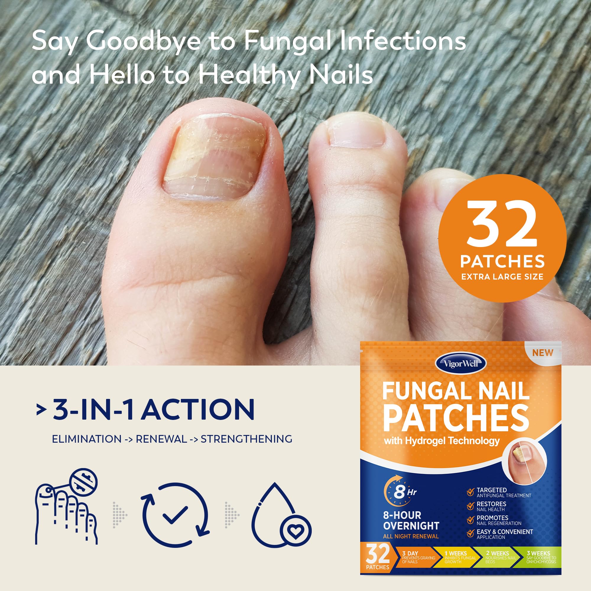 Toenail Fungus Treatment Extra Strength - (Medium) 32 Nighttime Hydrogel Patches for Overnight Toenail Repair - Visible Results in 8 Hours - Fungal Nail Patches for Toenail Fungus Relief