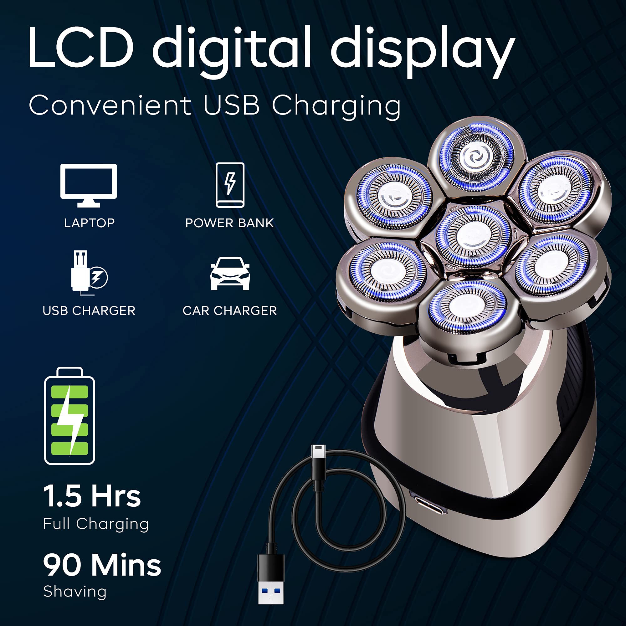 AidallsWellup Electric Head Shaver for Bald Men: Waterproof Cordless Electric Razor for Bald Head & Hair Shaving, Close Shave, Skin-friendly, 360° Full Coverage & Effortless Control, Easy to Clean, Wet & Dry Use