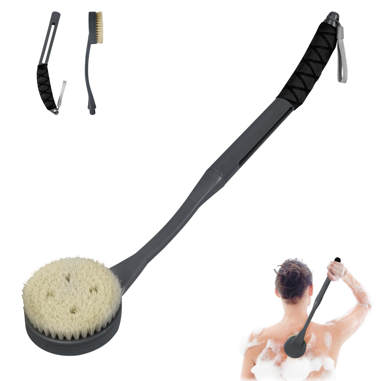 Back Brush Long Handle for Shower, 20.5” Bath Brush, Back Scrubber, Shower Body Brush with Curved Handle for Elderly Disabled, Limited Mobility, Frozen Shoulder,Men and Women