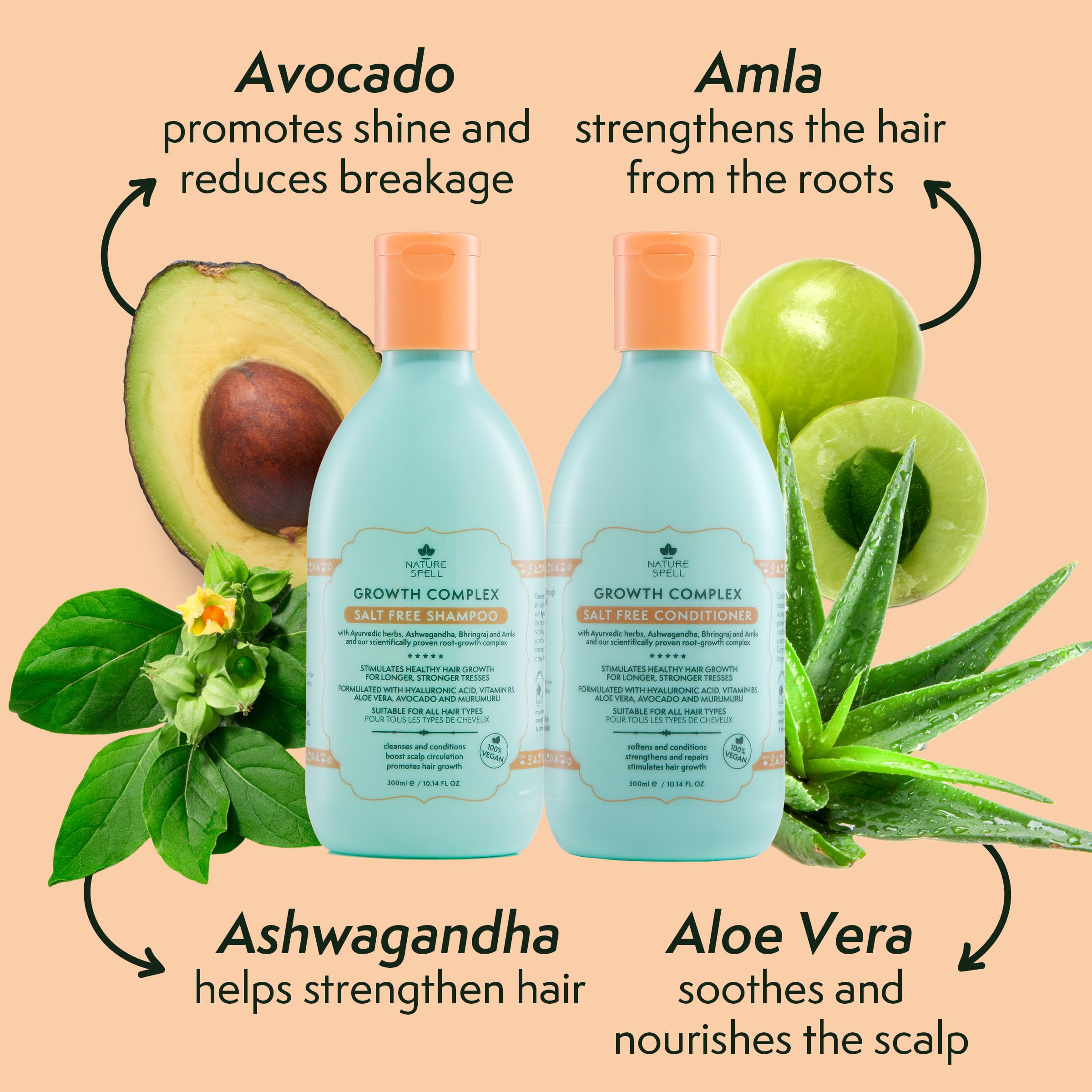 Nature Spell Hair Growth Shampoo and Conditioner Set, Improve Hair Strength & Shine, 10.14 Fl Oz x2