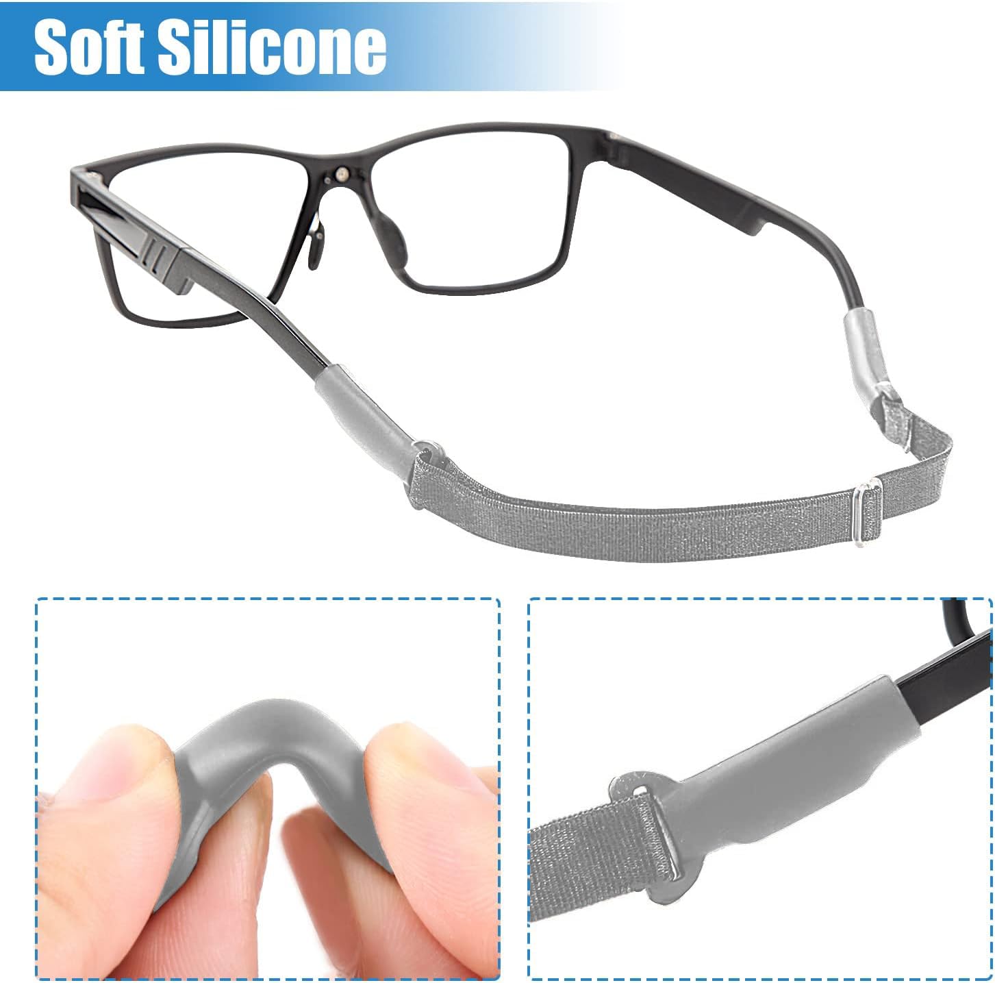 Enenfly Adjustable Glasses Straps - 3 Pack No Tail Eyewear Retainer for Men, Women, Kids – Fits Eyeglasses & Sunglasses,Grey(7.5-13.5 inch)