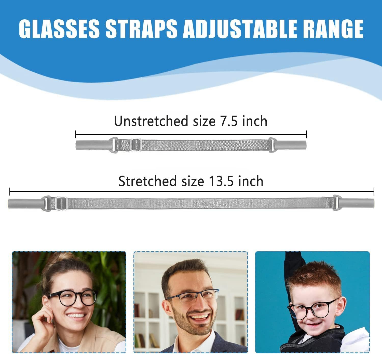 Enenfly Adjustable Glasses Straps - 3 Pack No Tail Eyewear Retainer for Men, Women, Kids – Fits Eyeglasses & Sunglasses,Grey(7.5-13.5 inch)
