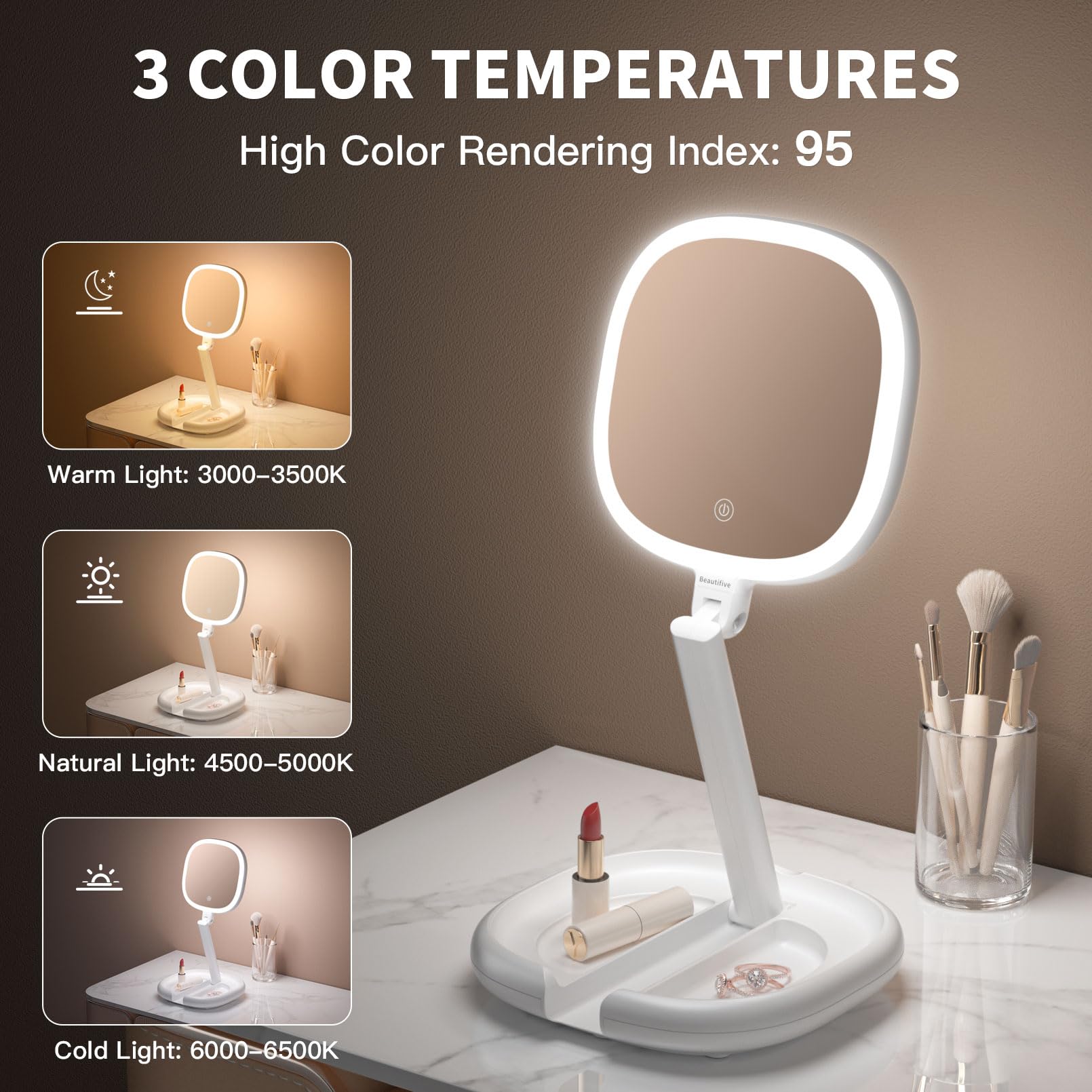 Beautifive 6.3” Makeup Mirror with Light and Magnification, 10X/1X Light Up Makeup Mirror Lighted Make Up Mirror with Adjustable Height Double Sides Folding Magnifying Mirror with Light