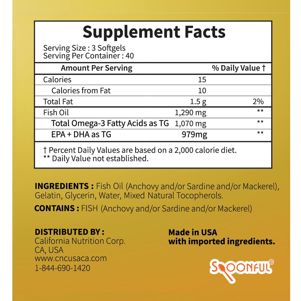Spoonful Mini Omega 3 Fish Oil, iFOS Certified, 1290 mg Per Serving, 120 Softgels Pearls, Small Size Easy to Swallow Capsules for Women and Seniors, Made in USA