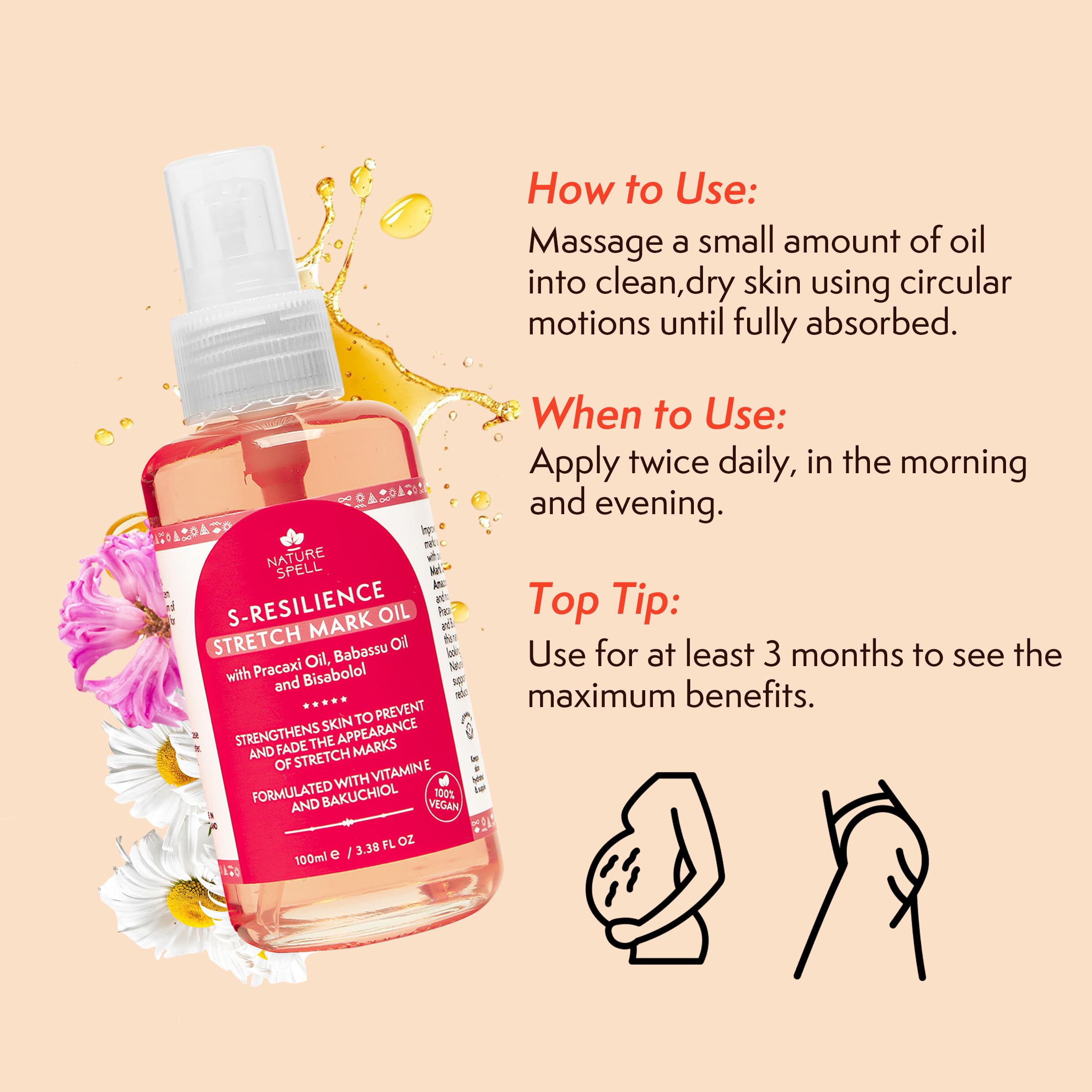 Nature Spell Stretch Mark Oil For Women, Vegan Body Oil for Stretch Marks, Scars & Uneven Skin Tone, 3.38 Fl Oz