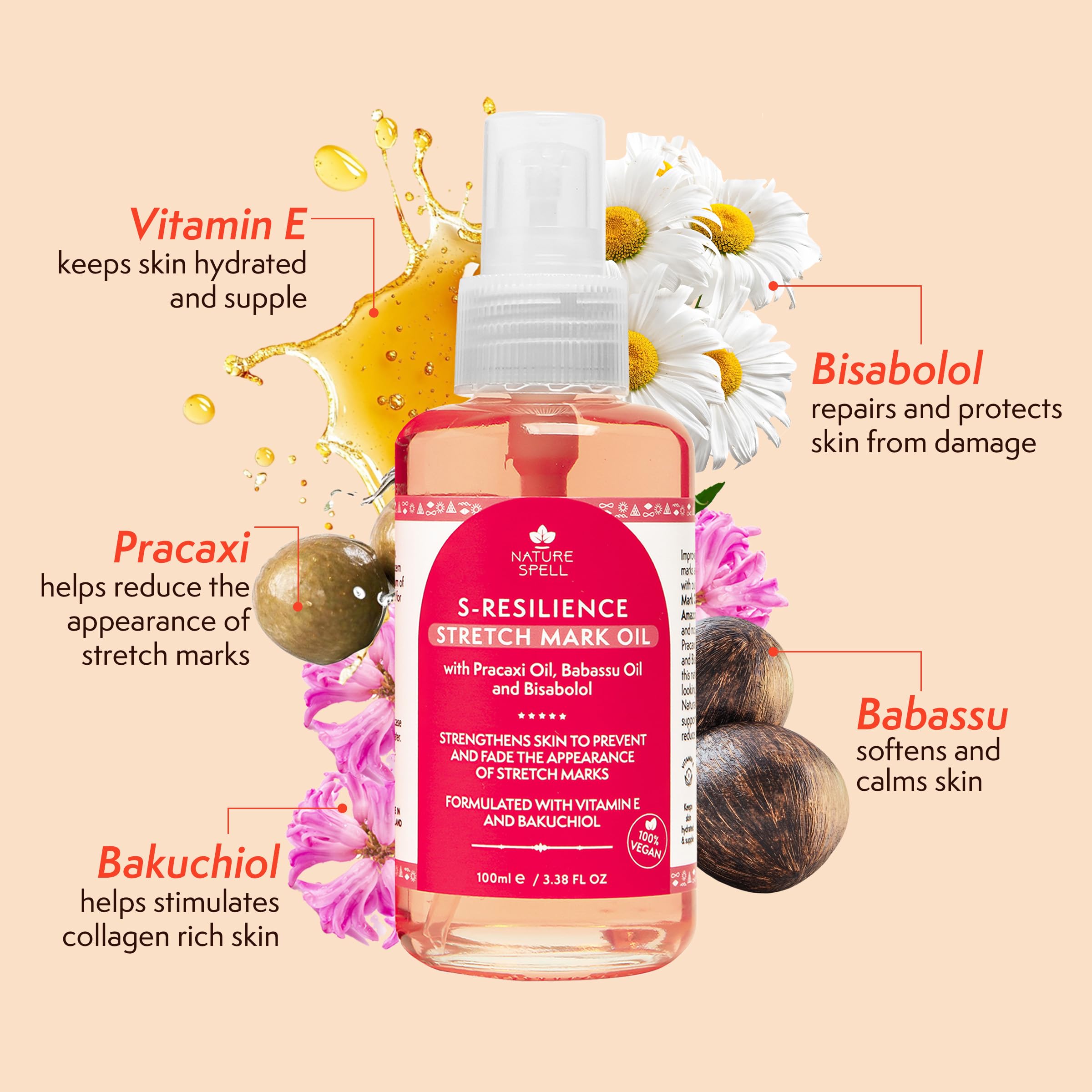 Nature Spell Stretch Mark Oil For Women, Vegan Body Oil for Stretch Marks, Scars & Uneven Skin Tone, 3.38 Fl Oz