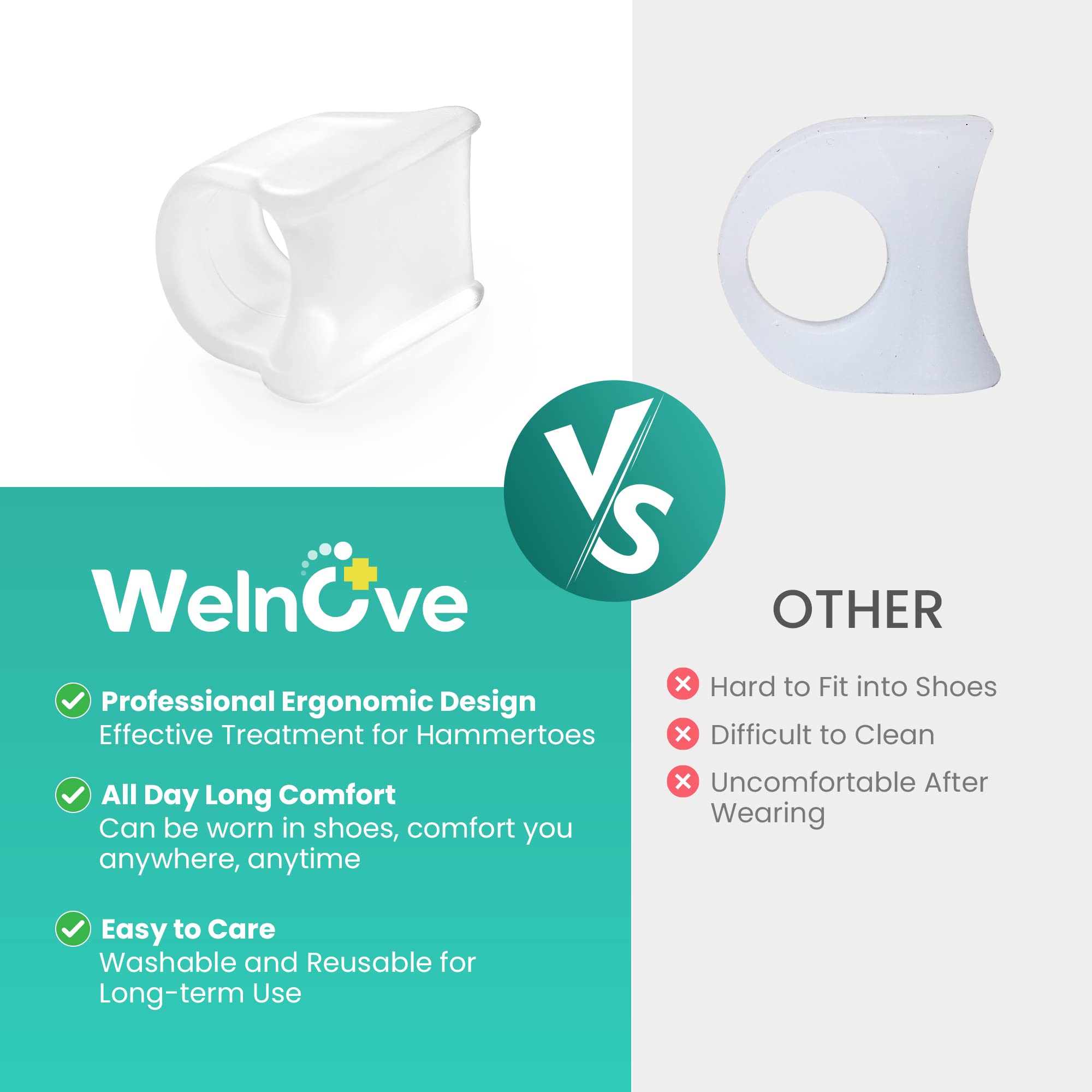 Welnove Hammertoe Corrector - Toe Straightener to Curled Toes, Broken toe, Bunion Corrector for Women and Men, 3 Different Size (Clear)