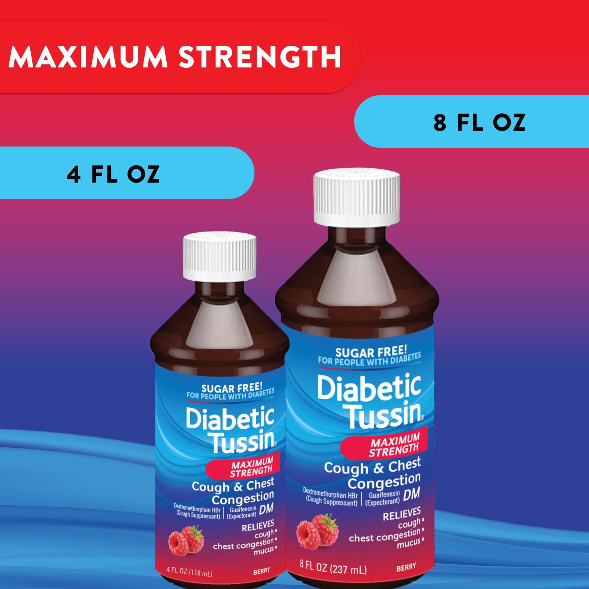 Diabetic Tussin DM Maximum Strength Cough Medicine with Chest Congestion Relief - 8 Fl oz - Liquid Cough Syrup, Safe for Diabetics, Berry Flavored (Pack of 2)