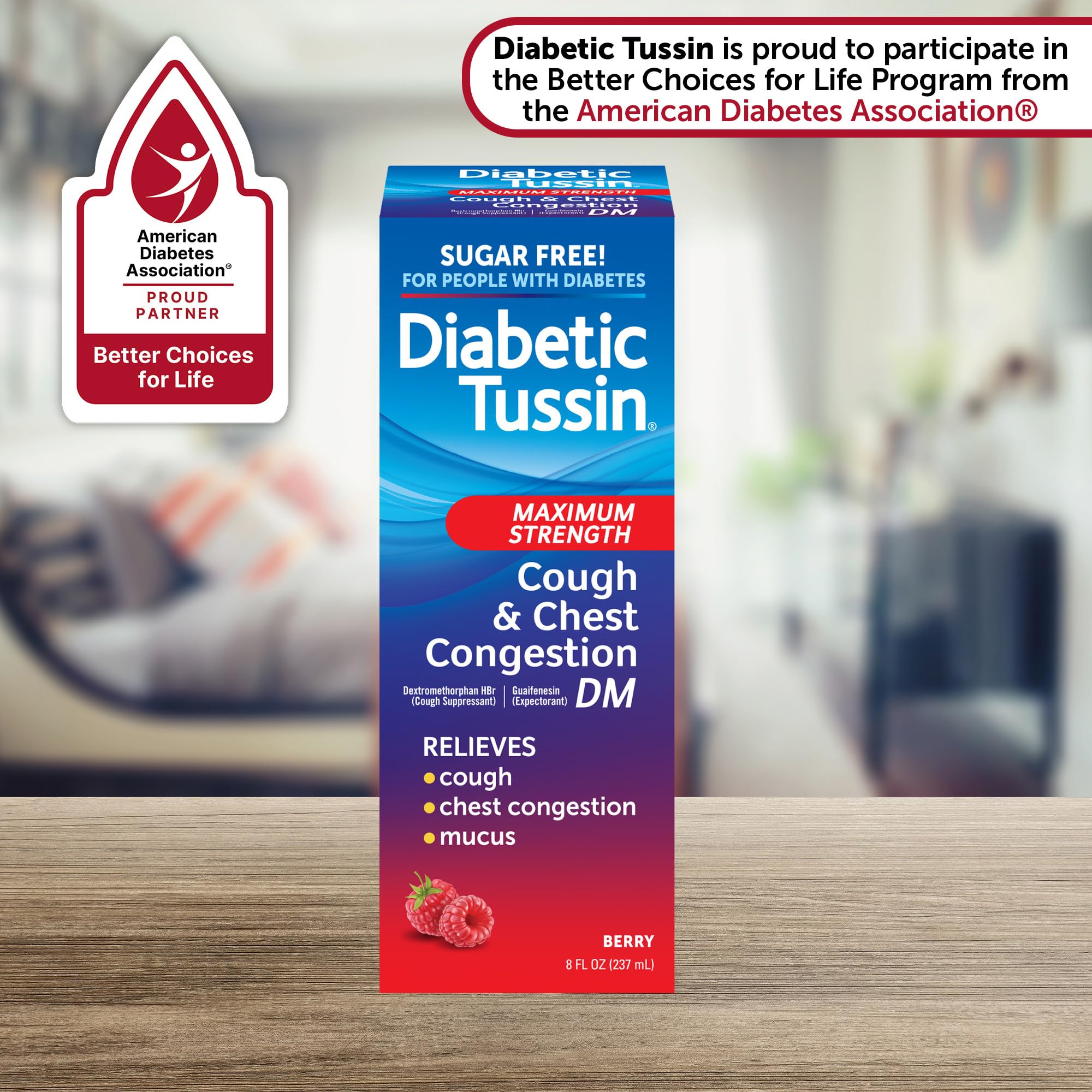Diabetic Tussin DM Maximum Strength Cough Medicine with Chest Congestion Relief - 8 Fl oz - Liquid Cough Syrup, Safe for Diabetics, Berry Flavored (Pack of 2)