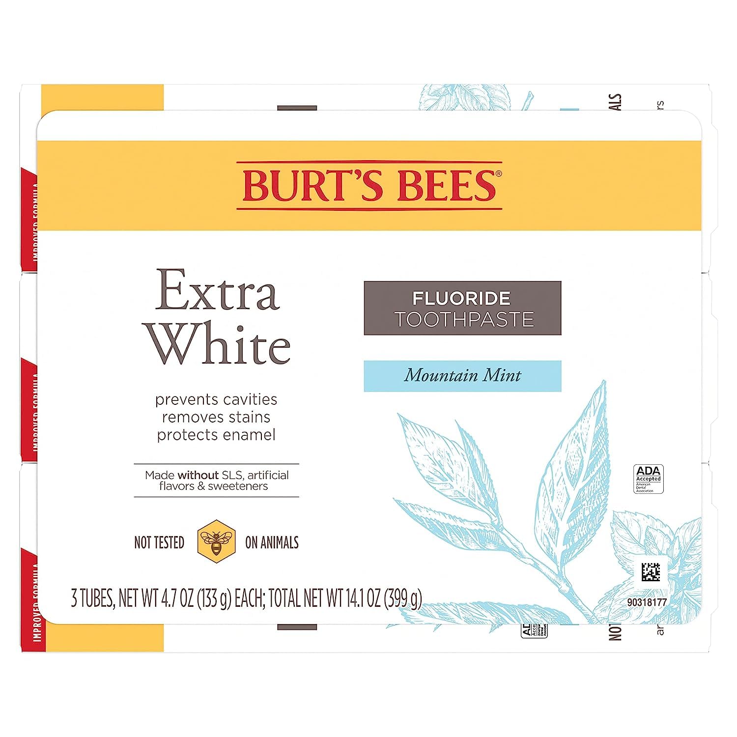 Burt's Bees Extra White Toothpaste, Fluoride Toothpaste, Natural Flavor, Mountain Mint, 4.7 oz, Pack of 3