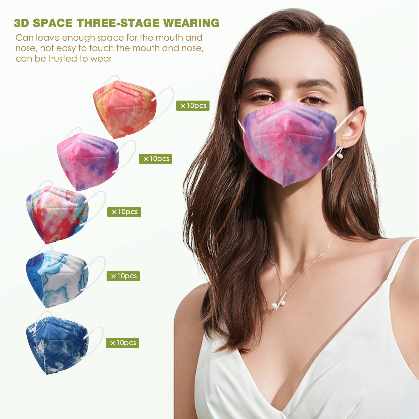 Wecolor KN95 Face Masks 50 Pack 5-Ply Breathable Safety Respirator Multicolor Cup Dust Disposable KN95 Mask