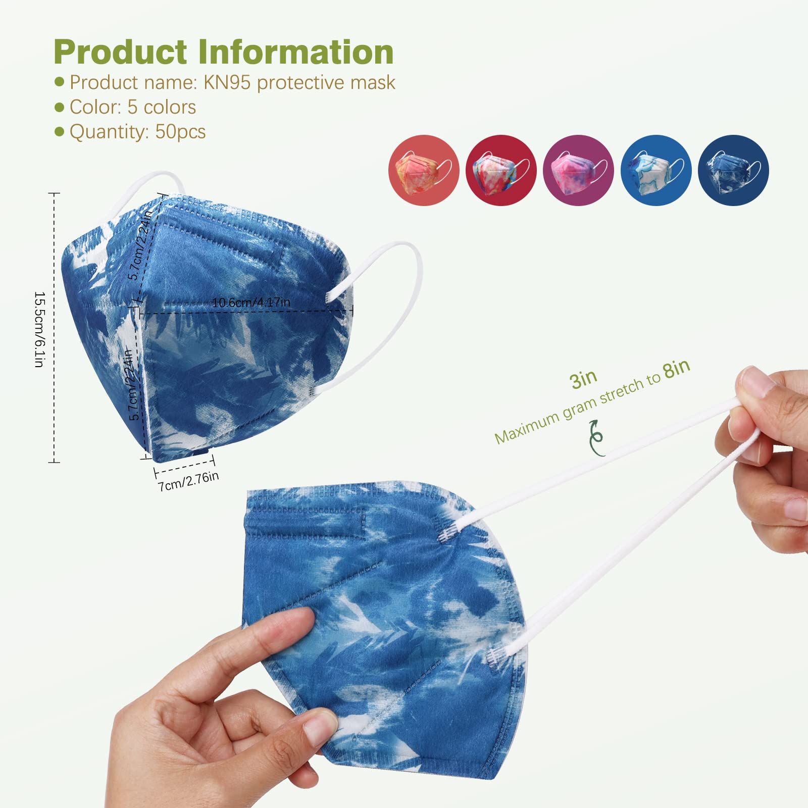 Wecolor KN95 Face Masks 50 Pack 5-Ply Breathable Safety Respirator Multicolor Cup Dust Disposable KN95 Mask