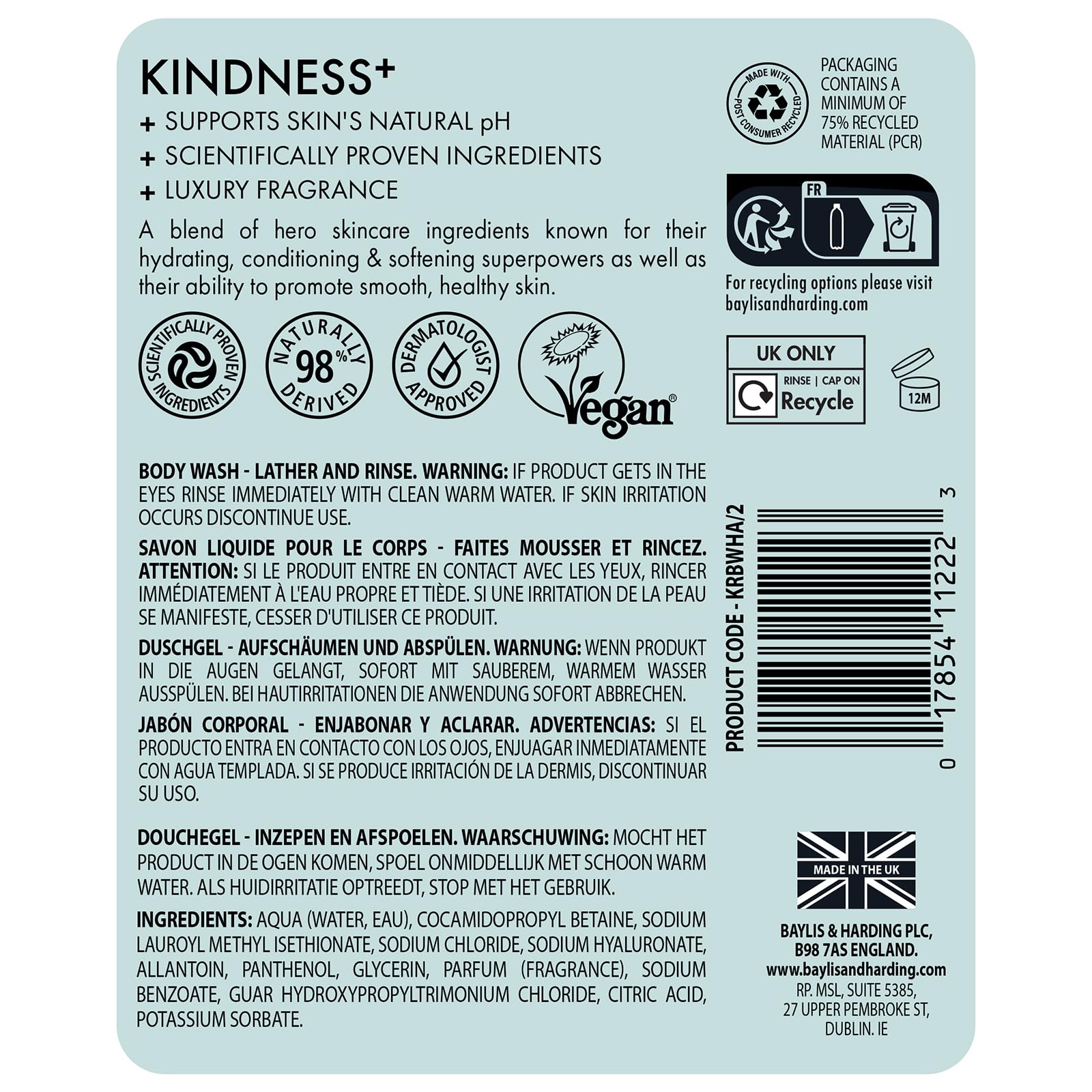 Baylis & Harding Kindness + Hyaluronic Acid, Pear & Orange Blossom Fragrance, 16.9 fl. oz Cleanse & Hydrate Body Wash (Pack of 3) - Biodegradable Formula - Vegan Friendly