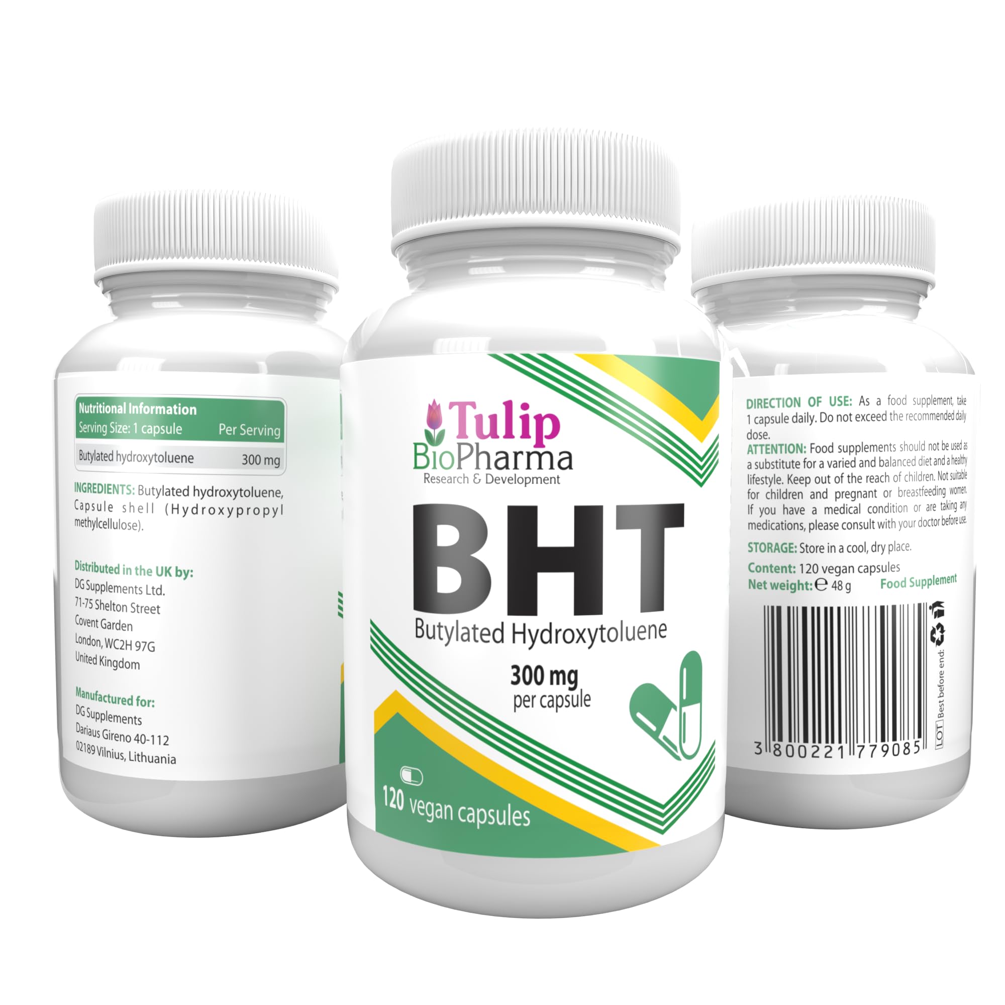BHT (Butylated HydroxyToluene) 300mg 120 Vegan Capsules, Anti Aging & Antioxidant, Immune System Booster, 3rd Party Lab Tested, High Strength Supplement