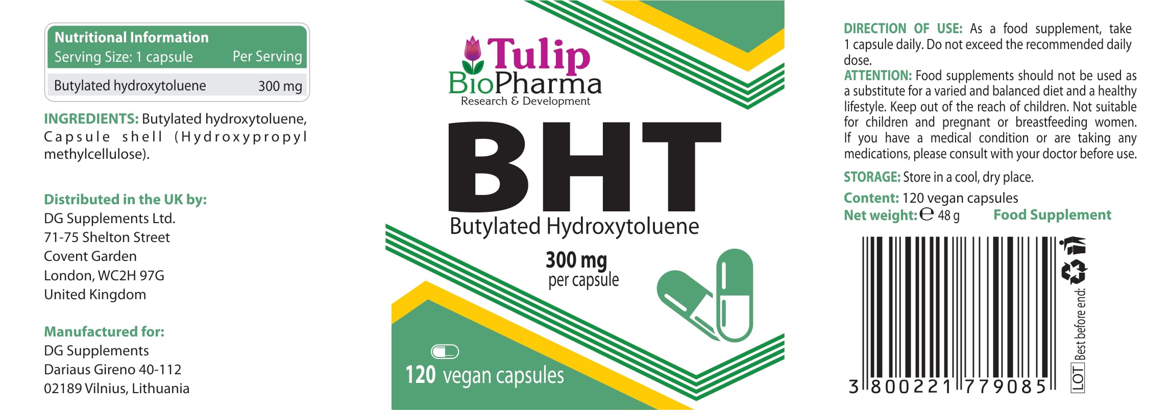 BHT (Butylated HydroxyToluene) 300mg 120 Vegan Capsules, Anti Aging & Antioxidant, Immune System Booster, 3rd Party Lab Tested, High Strength Supplement
