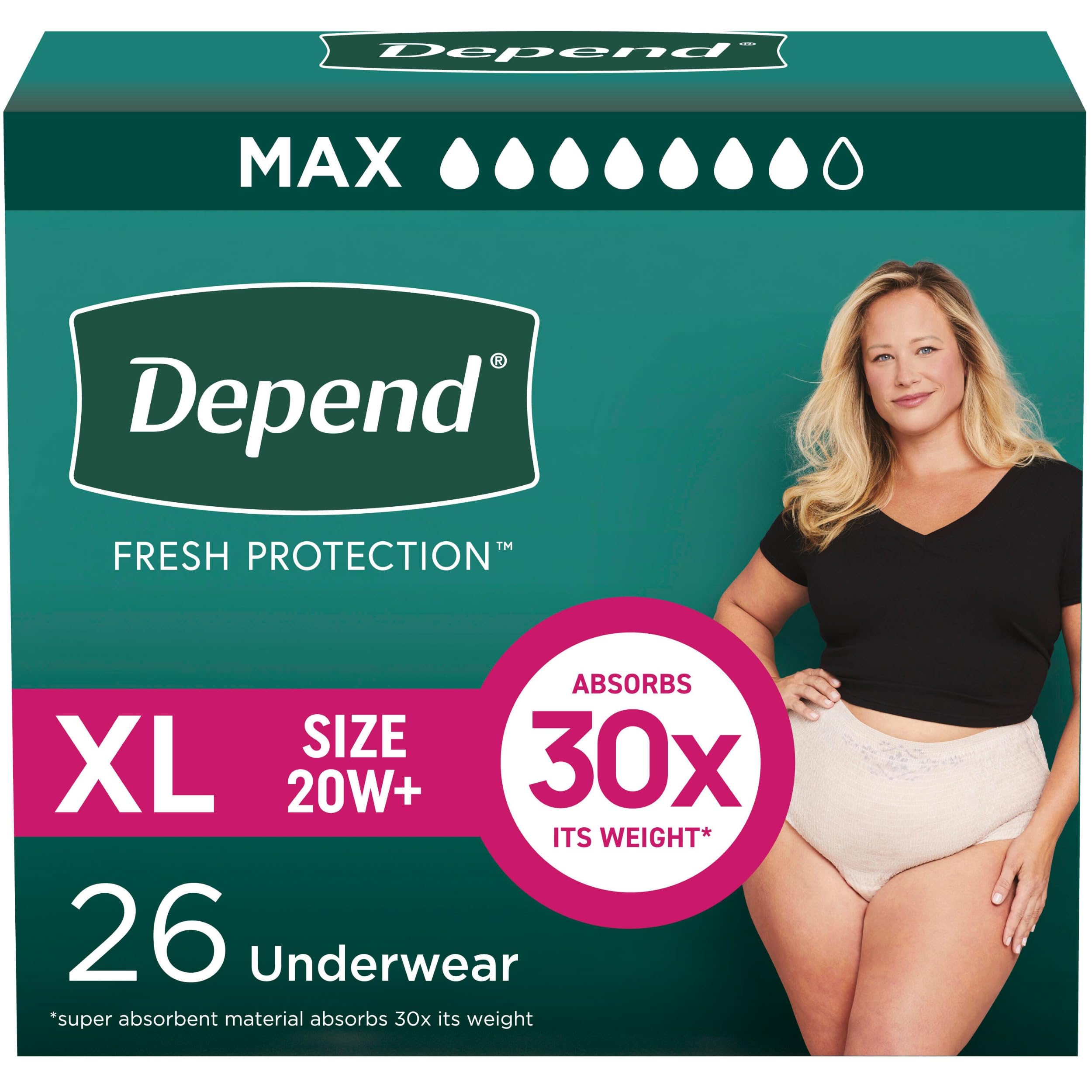 Depend Fresh Protection Adult Diapers, Incontinence & Postpartum Bladder Leak Underwear for Women, Disposable, Maximum, Extra-Large, Blush, 26 Count, Packaging May Vary