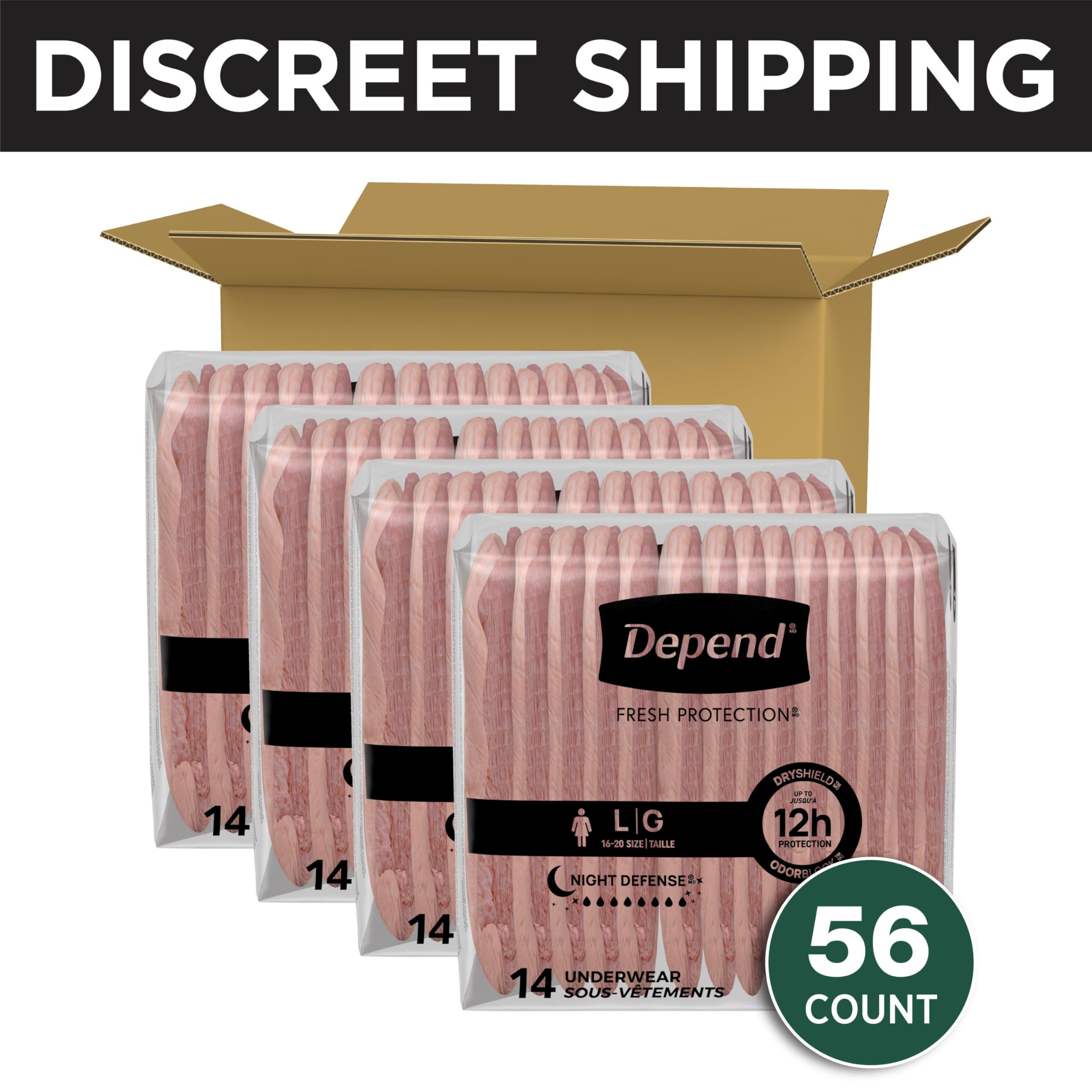 Depend Night Defense Adult Diapers, Incontinence & Postpartum Bladder Leak Underwear for Women, Disposable, Overnight, Large, Blush, 56 Count (4 Packs of 14), Packaging May Vary