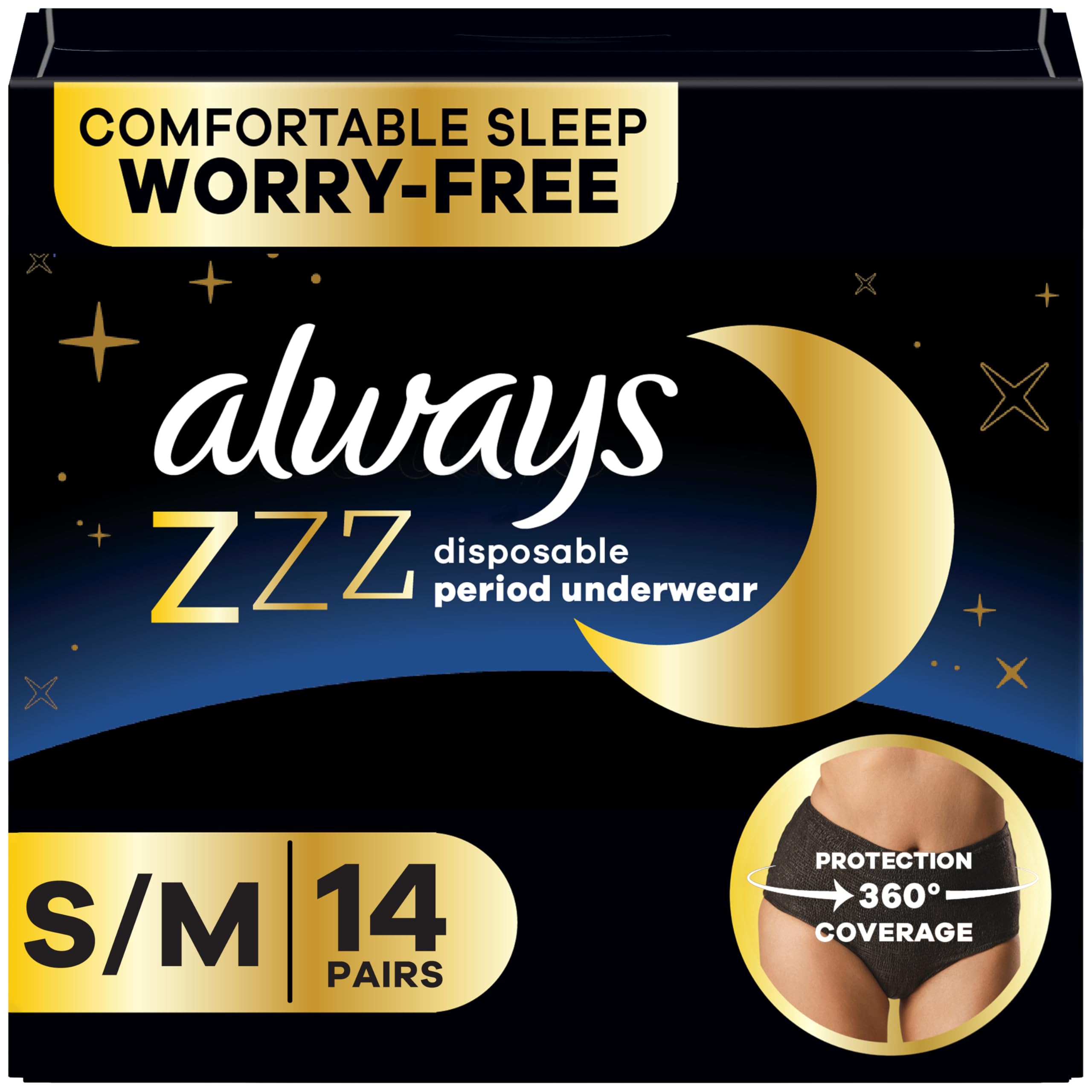 Always ZZZ Overnight Disposable Period Underwear for Women Small/Medium, 360° Coverage for Worry-Free Nights, 14 Count (2 Packs of 7)
