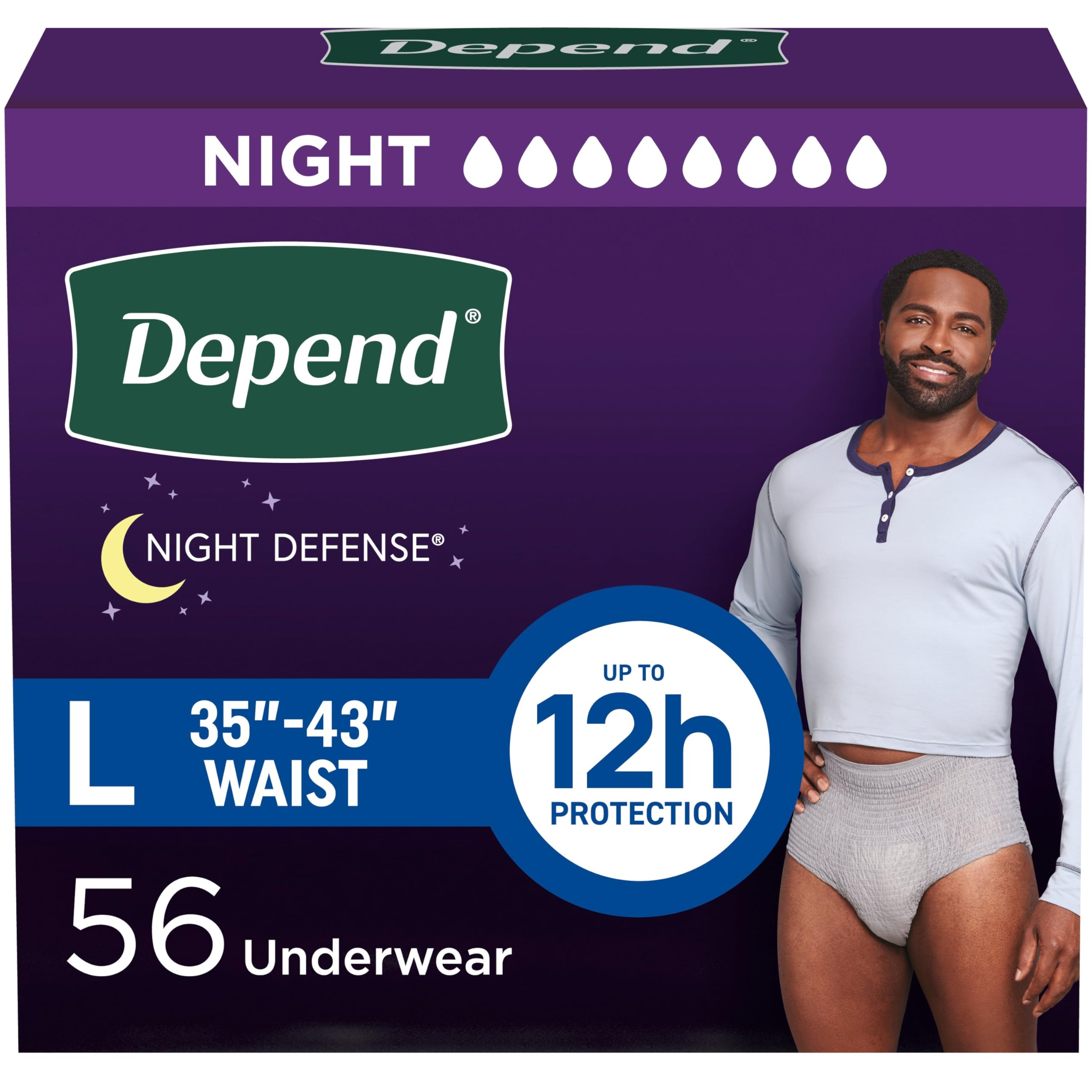 Depend Night Defense Adult Diapers, Incontinence Underwear for Men, Disposable, Overnight, Large, Grey, 56 Count (4 Packs of 14), Packaging May Vary